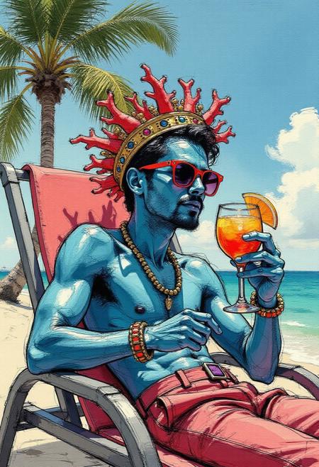 colored sketch in the style of ck-ccd,
Nepun the king of the sea is resting on a sunlounger, wearing sunglasses, relaxing, holding a colorful cocktail, drinking colorful cocktail, corall crown on head