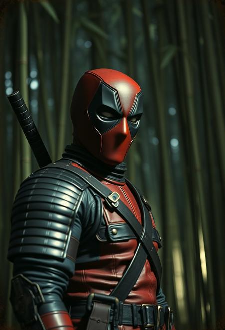 Deadpool, samurai armour, bamboo forest background, at night, old photography , grunge paper, National Geographic photography style, low saturation
