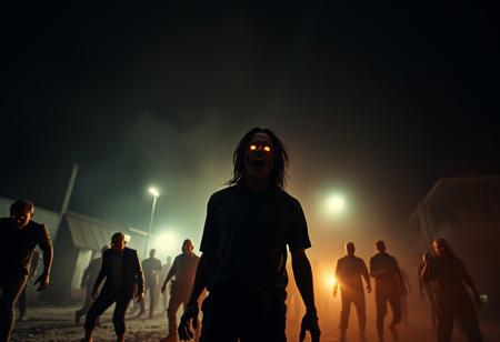 photo , Film Still, Cinematic ,Blanco Brown - 7 days to die, Zombies hoard attack suriviors, urban decay, glowing eyes, in every shadow death does embark