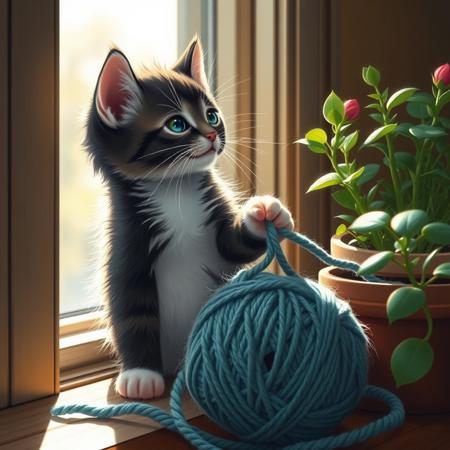 1 kitten. meowing. feeding. day light. window. plants.
Ball of yarn.