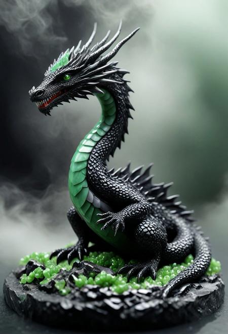 Tilt shift photography style, Diorama page, quarter view, A dragon sits with the hardness of obsidian and the luster of jade, All body is glossy black or gray, jade eyes and scales, reflections of light,( thick fog:1.4), minimalist,