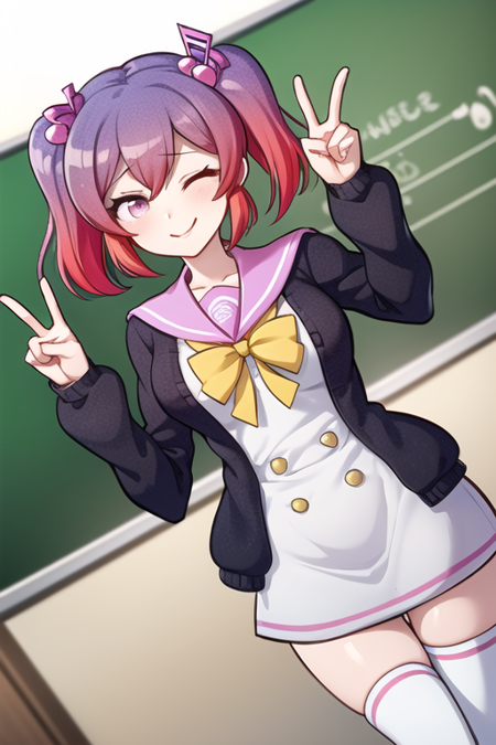 (masterpiece), (high quality:1.4, best quality:1.4, expressive eyes:1.2), classroom, cowboy shot, dutch angle, peace sign, closed mouth, smile, 1girl, otonokoji kanade, closed eyes, musical note hair ornament, twintails, multicolored hair, gradient hair, purple hair, pink hair, pink sailor collar, yellow ribbon, cardigan, open cardigan, white dress, thighhighs, white socks,,1girl, otonokoji kanade, pink eyes, musical note hair ornament, twintails, multicolored hair, gradient hair, purple hair, pink hair, pink sailor collar, yellow ribbon, cardigan, open cardigan, white dress, thighhighs, white socks,