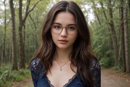 35mm film, one pretty european girl, solo, supermodel, long light brown hair, long wavy hair, pale skin, perfect face, small nose, blue eyes, lips, big tits, nice breasts, necklace, black frame glasses, short blue lace dress with a belt, white heeled shoes, looking at viewer, looking directly at viewer, a breathtaking forest view, offering panoramic views of majestic and sweeping trees, nature light, early spring season, full body view of girl, epiCPhoto, <lora:pytorch_lora_weights:0.5>, <lora:picxer_real:0.7>, <lora:FilmVelvia3:0.3>, <lora:more_details:0.6>