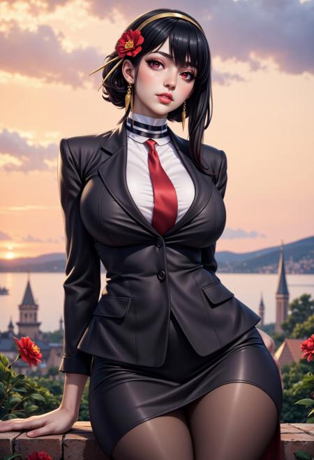 yor briar, 1girl, solo, long hair, business suit, formal, pantyhose, Pencil Skirt, red tie, looking at viewer, black hair, hair ornament, red eyes, sitting, flower, sidelocks, hairband, earrings, outdoors, parted lips, sky, choker, cloud, hair flower,  blurry, lips, blurry background, rose, sunset, red flower, red lips, gold earrings, gold hairband,