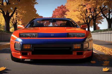 300ZX, blue,rally car parked on a street covered with leaves in autumn in a (city:1.3), fall, global illumination, volumetric lighting, best quality, highly detailed, cgi, illustration, octane render,  <lora:300ZX:0.6>