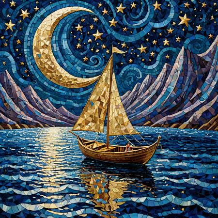 Illuminated ("The moon, a silver boat, sails through the sea of stars, painting dreams on the night sky.":1.2) , Suffering, hillside, Cubism, side lit, Selective focus, Kodachrome, gilded technique, Batik