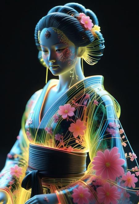 <lora:World_of_Glass_Filament:0.6> made of, tiny neon (glass:1.1) filaments, w0gf1l, Android, geisha, with robotic parts, in flowery kimono, Intricate details, 8 k, cinematic <lora:sss:0.8> subsurface scattering, sss <lora:envyStarlight_v10:0.8>