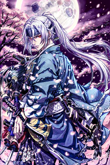 Hijikata Toshizou,  cherry blossoms,  full moon,  hakama,  haori,  headband,  japanese clothes,  katana,  long hair,  moon,  night,  petals,  ponytail,  red eyes,  shinsengumi,  sword,  weapon,  white hair, <lora:EMS-46732-EMS:1.000000>