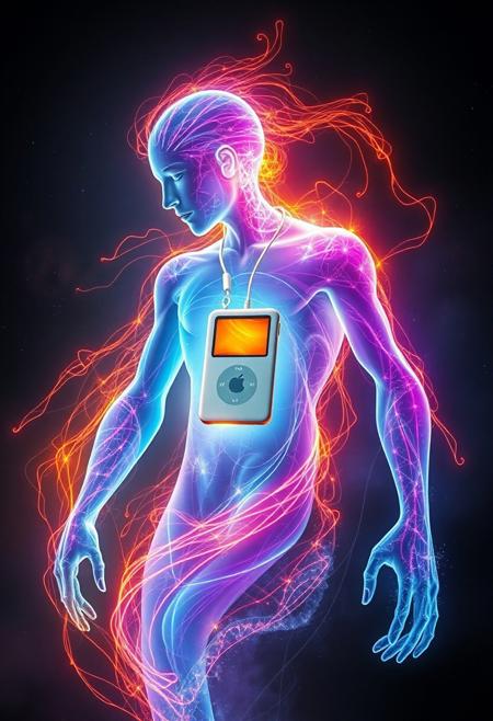 A spectral and incorporeal energy entity, glowing with radiant, pulsating colors. Its form shifts constantly, blending hues of electric blue, neon violet, and radiant gold, with streaks of fiery red coursing through its swirling, ethereal body. This being exudes an aura of immense power and wisdom, its edges shimmering with fractal-like energy patterns.
A vibrant core of pure white light pulses at its center, casting an otherworldly glow that illuminates the dark void around it. Despite its enigmatic and ancient presence, the being wears a vintage iPod clipped to its glowing form, connected to sleek white earbuds that somehow stay suspended near what might be its head. The iPod, a stark contrast to its cosmic appearance, shines with the distinct white glow of the iconic Apple design, featuring a classic click wheel.
Surrounding the entity are arcs of crackling energy and faint traces of luminous particles, creating a mesmerizing dance of light and shadow. The environment is a vast, shadowy expanse, punctuated by stars and nebula-like swirls of color, with a subtle nod to the vibe of the iconic Apple iPod commercials: a futuristic yet nostalgic fusion of light, sound, and style.