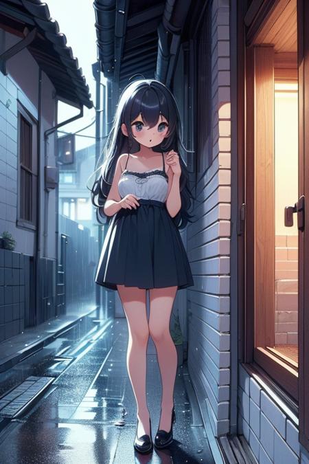 (((masterpiece))),  (((best quality))),  (((full body))),  (((2girl))),  (((side viewer girl standing on night alley at outdoors))),  ((wearing camisole)),  ((looking inside window)),  petite figure proportion,  white tile wall,  surprise,  curious,  ribbon,  big tits,  raining,<lora:EMS-260057-EMS:1.000000>