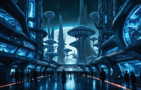 Alien-themed dimly lit,  Breathtaking masterwork 32k HD photo, sleek sci-fi organic architectural city, (glowing self-illuminated multi-blue toned bio-luminescent properties | intricate patterns/textures), similarly styled matching city life people and traffic . Extraterrestrial, cosmic, otherworldly, mysterious, sci-fi, highly detailed