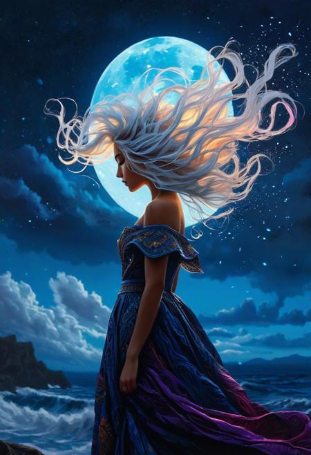 abstract style 2girl,(from side),(silhouette:1.2),profile,big hair,masterpiece,best quality,light particle,depth of field,field,scenery,fantasy,indigo light,(far away:1.1),cute girl,midriff,tribal sash,pastel colors, Traveler,yearning to explore the ends of the world to discover its wonders and help its denizens,by Andy Kehoe,(Glowing ambiance, enchanting radiance, luminous lighting, ethereal atmosphere, mesmerizing glow, evocative hues, captivating coloration, dramatic lighting, enchanting aura), ink painting, ((moon:1)), (masterpiece, top quality, best quality, official art, beautiful and aesthetic:1.2), (1girl:1.4), extreme detailed,(joshua middleton comic cover art:1.1), (Action painting:1.2),(concretism:1.2),theater dance scene,(hypermaximalistic:1.5),colorful,highest detailed, ,cloudy sky, night,flying in the sky, floating hair, full body, (masterpiece, best quality, high quality, highres, ultra-detailed),
f feelings, imaginative, highly detailed
 ultra detailed, sharp focus, best quality, masterpiece, colorful, avalanche, (glow:0.4), hands risen, glow from below, messy long white hair, night time, (heavy blizzard:1.6), volumetric lighting, best quality, masterpiece, intricate details oil painting