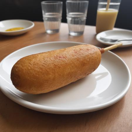 A photorealistic image of a delicious 9hotdog placed on a plate in a restaurant setting. The 9hotdog should be golden brown, with a crispy exterior and a juicy interior visible at one end where it's bitten off. The plate can be white or a light color to contrast with the golden hue of the 9hotdog. There might be a small dish of mustard or ketchup on the side for dipping. The table should have a clean tablecloth, and the lighting should be warm, highlighting the appetizing look of the 9hotdog. The background can have subtle hints of a restaurant ambiance, like a glass of water or some cutlery, <lora:cornhotdog:0.65>