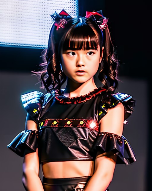 RAW photo, hyper real photo of japanese flat chest girl yuimetal with twintails hair in black dress with iridescent sequin...