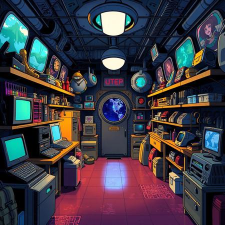 A cool and imaginative overview featuring the inside of a hypothetical "simulation store", where all the "simulation explorers" purchase their gear. The store is stocked with all sorts of things; new simulator computers, simulation entry portals, as well as gear that might come in handy for exploring simulated worlds. The image's art style is inspired by the *The Midnight Gospel*; a wacky psychedelic animated series that was illustrated by Pendleton Ward.