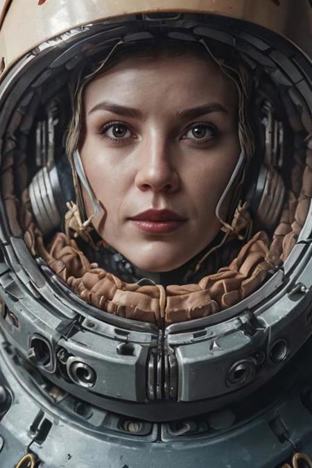 masterpiece, ultra high resolution, 3/4 view, (close-up:1.5), a woman in a space suit with a helmet on mars, space explorer, sovietpunk, breathtaking background, fantastic scenary, connected with wires to metallic orbs, elegant pose,