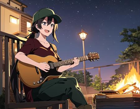 hiratsuka shizuka, 1girl, (night:1.4), sky, cloud, forest, campfire, sitting, on chair, t-shirt, sidelocks, red shirt, short sleeves, large breasts, collarbone, green pants, puffy pants, ankle boots, black boots, baseball cap, green headwear, bangs, happy, :d, long hair, ponytail, grey eyes, guitar, holding instrument, playing instrument, from below, full body, <lora:shizuka_hiratsuka:0.9>