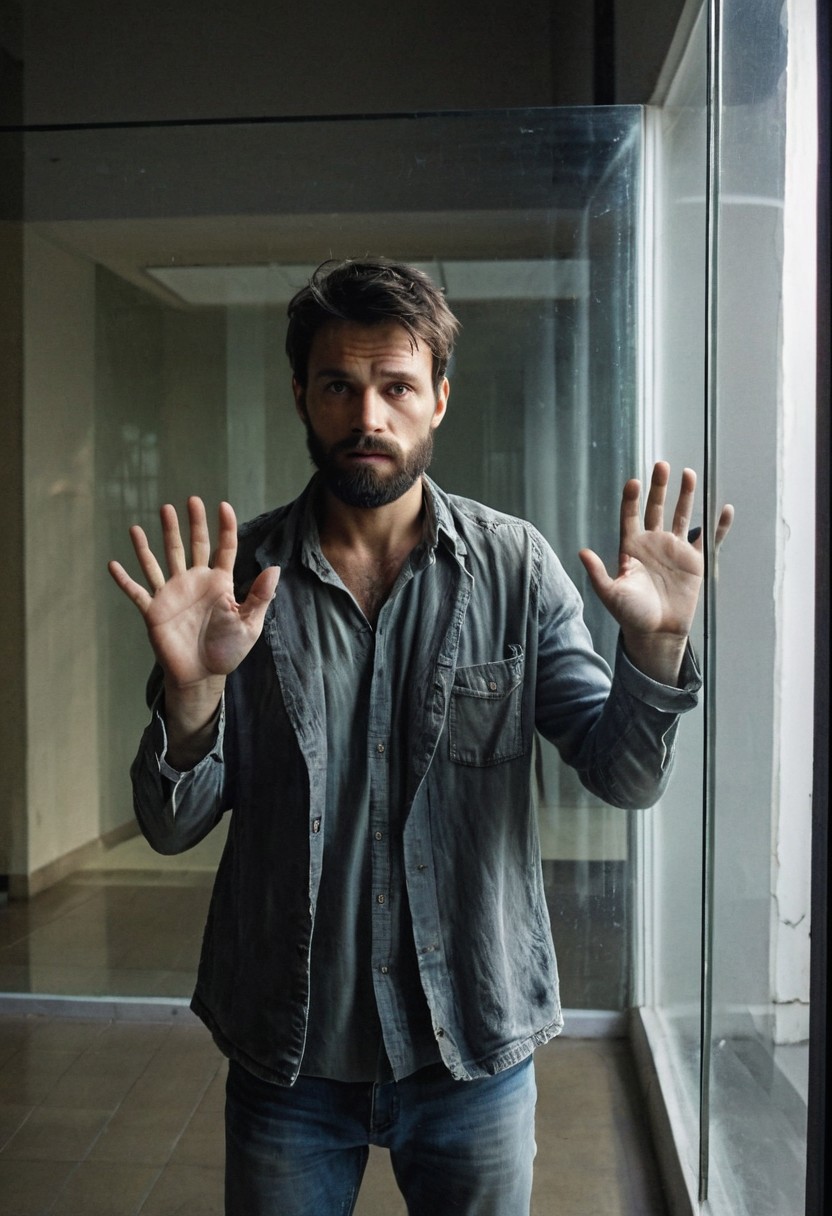 photograph, man, a 30 year old man with ragged clothes  standing in an empty room behind a glass pane, (holding palm on glass pane), looking at viewer from behind the glass pane, inviting expression, beard, short dark hair, shadows and darkness, shadows on face, empty mall, liminal space, dramatic lighting, creepy scene, suspenseful scene, eerie scene, light rays