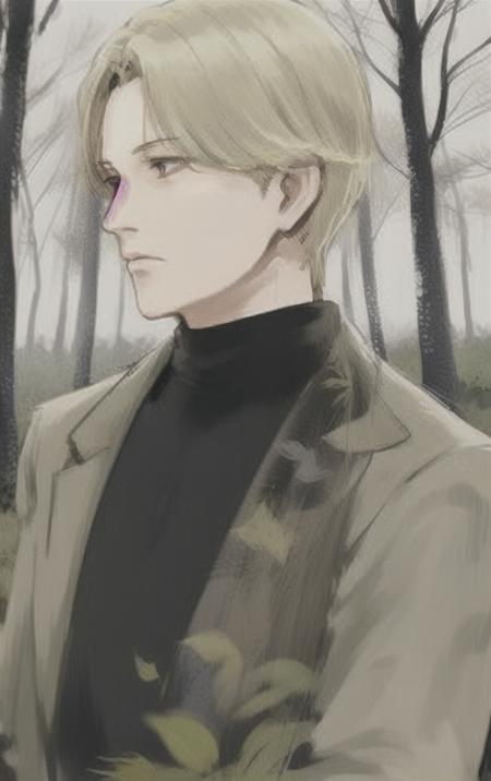 a man with blonde hair and a black shirt is looking at something in the distance with trees in the background, solo, blurry, male_focus, 1boy