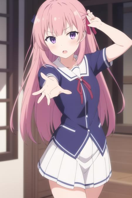 masterpiece, best quality,1girl,solo,anime screencap,fuyumi ai,pink hair,very long hair,purple eyes, hair ribbon,school uniform,neck ribbon,blue shirt,white skirt, white legwear, <lora:fuyumiai:0.5>,
