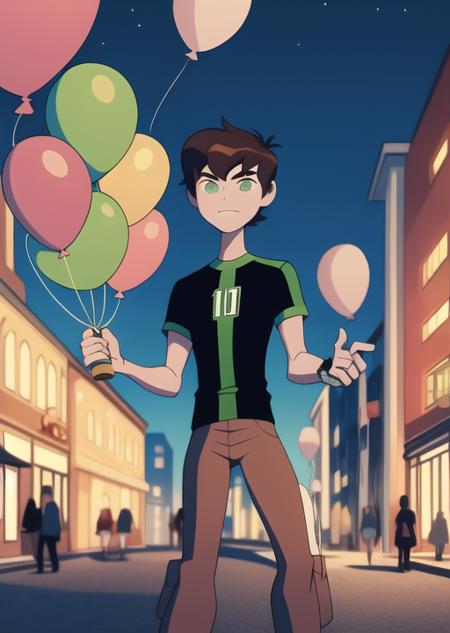 <lora:benov-08:1> benov, full body, detailed background, holding balloons in hand, balloons in hand, in carnival, night time, festival, night, outdoors, public festival carival,, masterpiece, best quality