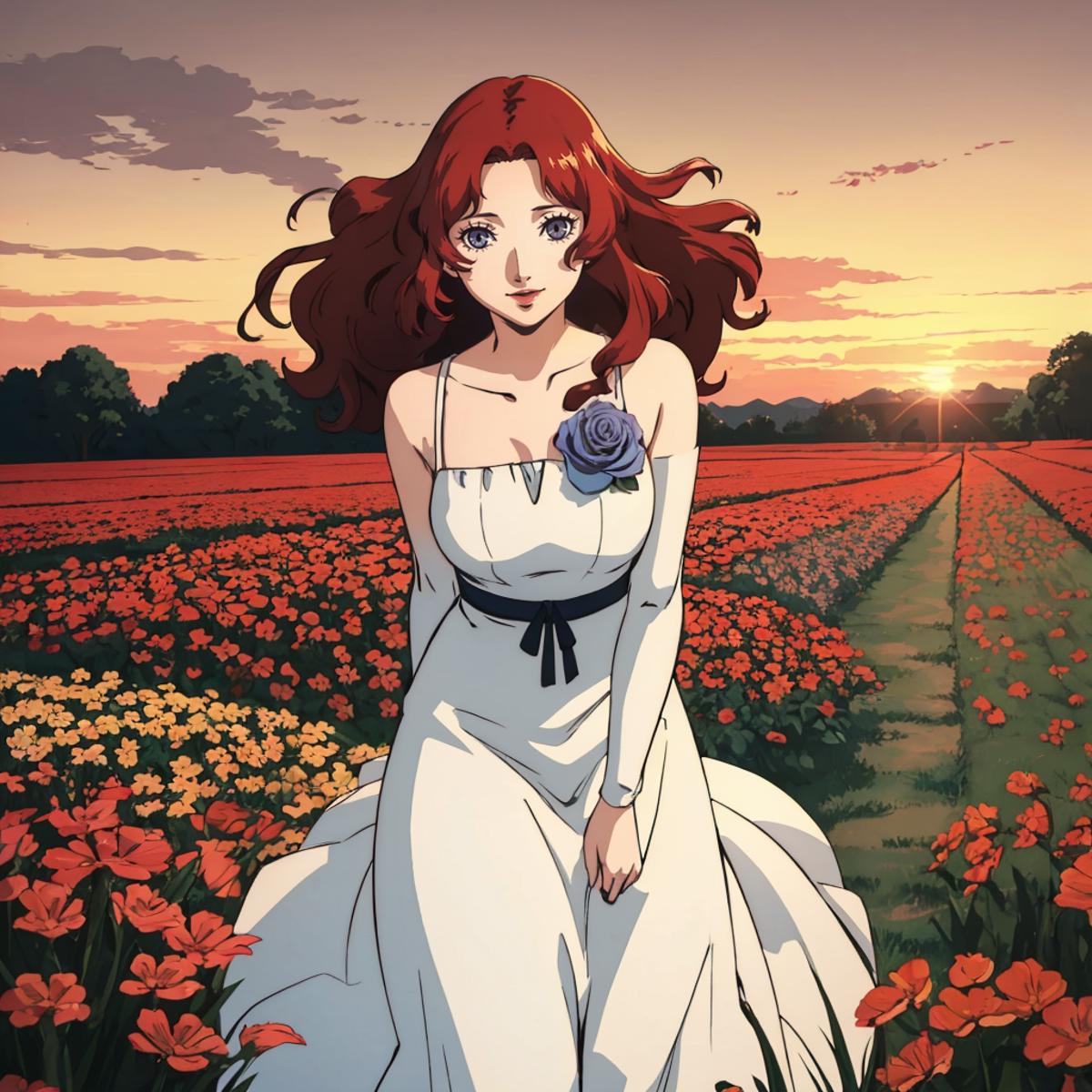A woman with a white dress standing in a field of flowers.
