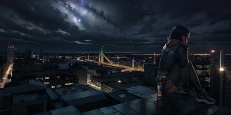 <lora:Grand Scale:1>,  grandscale, massive city, (very wide shot:1.2),(city:1.3), cityscape, cliff, 1girl, girl sitting on a cliff, from behind, milky way, night, darkness, dark, city in distance, very wide city, lights, urban city, modern city ,<lora:LowRA:0.8> dark theme, cyberpunk city