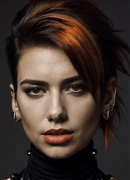 portrait of sks woman by Flora Borsi, style by Flora Borsi, bold, bright colours, orange Mohawk haircut, ((Flora Borsi)), <lora:locon_dualipa_v1_from_v1_64_32:1>