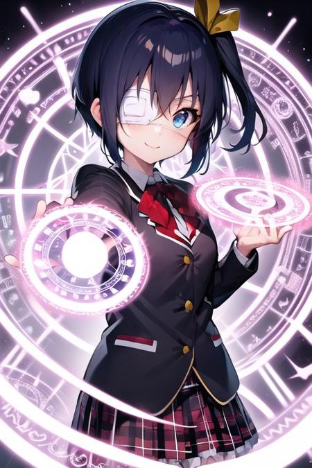 masterpiece, best quality , blue eyes , 
short blue hair , side ponytail, hair ribbon, smile precure!,
eyepatch,lack private high school uniform,black jacket, red plaid frilled skirt , , magic circle, dark magical circle,
Brilliant light effect, Shocking art, Aesthetics and fine arts