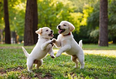 Two cute puppies playing together, photo, excited, happy, young, puppy, park, sunny day, trees