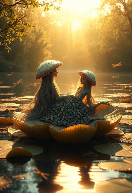 A melancholic, fairy-like mushroom creature with long, flowing hair and a beautifully intricate gown sits on a large, delicate lily pad. She rests on a sofa made of intricately woven leaves, gazing wistfully into the distance. Time seems to slow around her, as the golden sunlight filters through the trees and reflects off the sparkling lake water. Dragonflies and small insects lazily circle around her, creating a serene yet melancholic atmosphere. The scene is bathed in warm, gentle light, as the tranquil lake shimmers under the soft afternoon sun, emphasizing her pensive mood.
