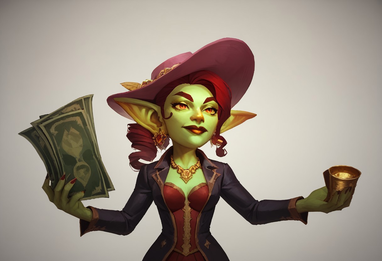 score_9, score_8_up, score_8. score_9, score_8_up, score_7_up, masterpiece, 4k, high quality, (best quality:1.1),anime, beautiful drawing, A flamboyantly adorned male goblin, holding a stack of money in his hands, is dressed in pimp attire consisting of a stylish pink overcoat, a pink fedora hat, and a golden dollar necklace. This vivid image, whether a painting or photograph, showcases the goblin's extravagant outfit in rich detail, portraying him as a symbol of ostentatious wealth and flamboyant fashion. The intricate design and vibrant colors of his attire bring an air of opulence and extravagance to the scene, capturing the viewer's attention with its high-quality depiction.