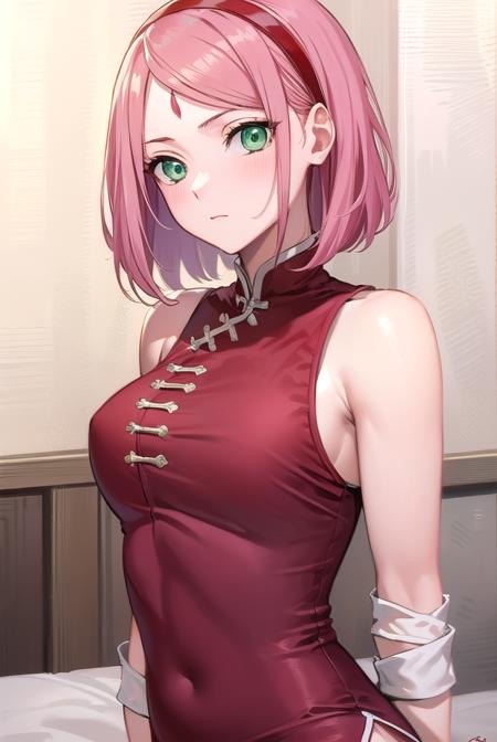 sakuraharuno, <lyco:sakuraharunov2-lyco-nochekaiser:1>,
sakura haruno, short hair, bangs, (green eyes:1.5), pink hair, hairband, facial mark, (forehead mark:1.2), red hairband, (swept bangs:1.5), mature female, (small breast:1.2),
BREAK chinese clothes, dress, (red dress:1.3), short skirt, black shorts, gloves, black gloves, sleeveless,
BREAK looking at viewer,
BREAK indoors, bed,
BREAK <lyco:GoodHands-beta2:1>, (masterpiece:1.2), best quality, high resolution, unity 8k wallpaper, (illustration:0.8), (beautiful detailed eyes:1.6), extremely detailed face, perfect lighting, extremely detailed CG, (perfect hands, perfect anatomy),