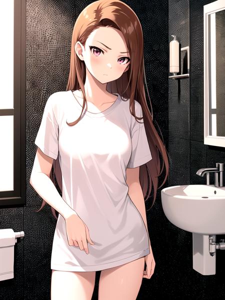 masterpiece, best quality, 1girl, solo, dsiori, brown hair, long hair, pink eyes, small breasts, t-shirt, long shirt, bare legs, standing, indoors, bathroom, detailed background, cowboy shot
 <lyco:dsiori_lc_768:1>