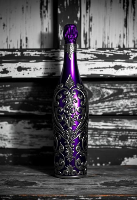 A Highly Detailed And Intricately Designed Purple And Silver Wine Bottle Surrounded By A Shadowy Black White And Gray Weathered Shelf Background