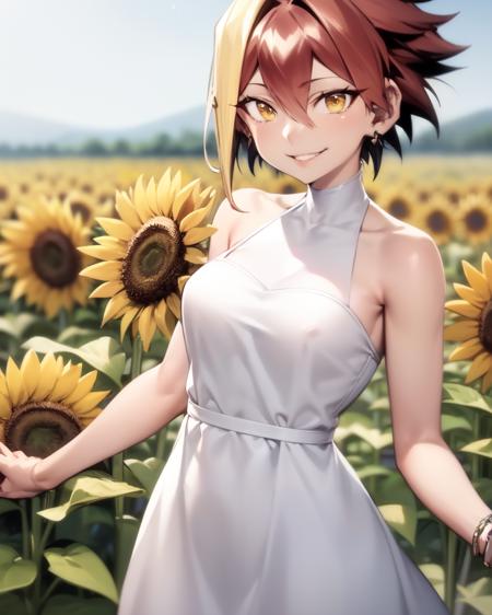 <lora:MarleBarrockV1.1:1>
marle_barrock wearing a white summer's dress in a field of sunflowers, smiling, ringed yellow eyes