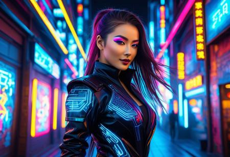 lazypos, Cyberpunk World, A full-body portrait of a beautiful ninja with vividly colorful and hyper-detailed features. She has glossy lips and large, expressive, happy eyes, paired with delicate facial features. Her long, flowing hair moves softly in the breeze, elegantly framing her face as she gazes forward with confidence. Her hyper-realistic skin showcases detailed texture, and her outfit is adorned with a short, intricate cyberpunk pattern made of glowing neon lights, wrapping around her figure in a dynamic, tech-inspired design. The vibrant lighting from the keys reflects subtly off her curves, enhancing the sleek and modern aesthetic of her look.