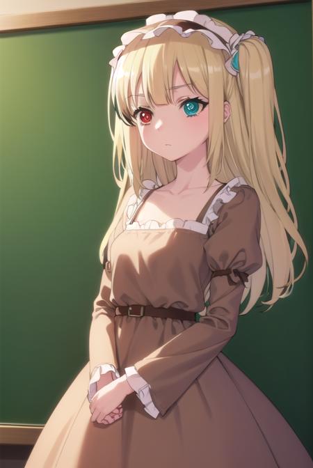 kobatohasegawa, <lora:kobato hasegawa s2-lora-nochekaiser:1>,
kobato hasegawa, long hair, blonde hair, (red eyes:1.3), blue eyes, (heterochromia:1.5), two side up,
BREAK dress, hairband, frills, long sleeves, puffy sleeves, juliet sleeves, (brown dress:1.3),
BREAK indoors, classroom,
BREAK looking at viewer, (cowboy shot:1.5),
BREAK <lyco:GoodHands-beta2:1>, (masterpiece:1.2), best quality, high resolution, unity 8k wallpaper, (illustration:0.8), (beautiful detailed eyes:1.6), extremely detailed face, perfect lighting, extremely detailed CG, (perfect hands, perfect anatomy),