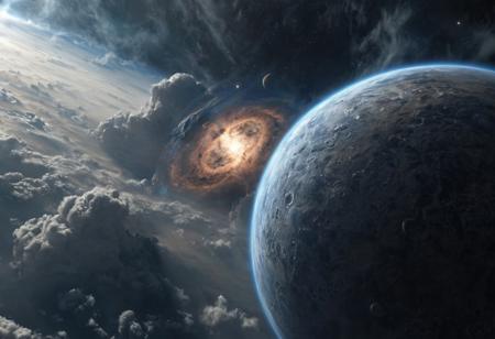 view from space on an ancient planet shrouded in clouds, a dying star in the background