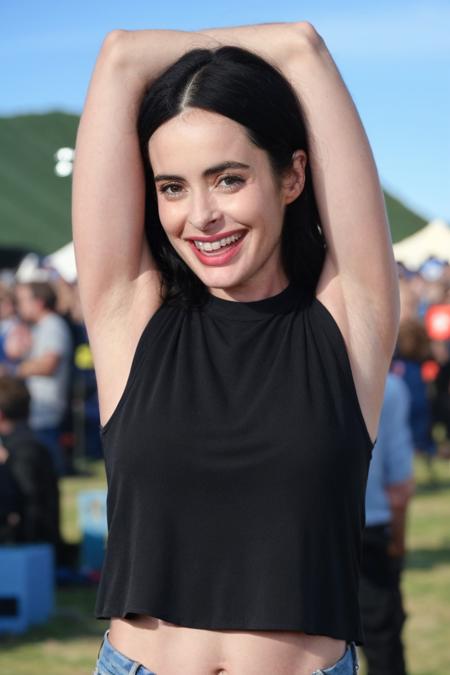 1girl, solo, portrait of a enthusiastic fan girl wearing black top, at Glastonbury concert, raise up arms, grin, female focus, photorealistic, soft colors, masterpiece, high quality, (high detailed skin:1.1)
 <lora:krysten_ritter_lora_v01:1> ritter81
