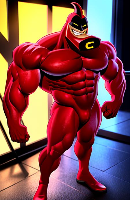 crimson chin  crimson chin, crimson_chin, 1boy, male focus, muscular, solo, yellow eyes, abs, smile, teeth,big chin, smirk, grin, standing, full body, muscular male, bodysuit, mask, glowing yellow eyes, human face, human mouth, lips, pectorals