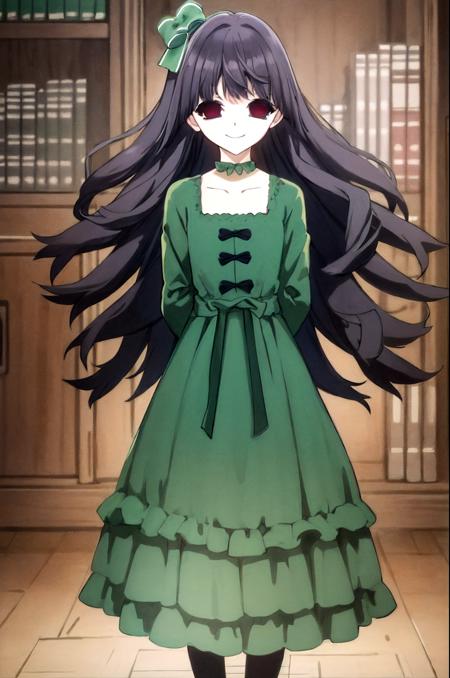 (exceptional, best aesthetic, new, newest, best quality, masterpiece, extremely detailed), 1girl, solo, sunakokirishiki, smile, green_bow, green_gown, arms_behind_back, library, looking_at_viewer