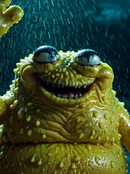 cinematic film still obese sponge bob monster reaching toward camera, epic pose, very close shot, raining, wet, fx-monsters-xl-meatsack solo, sharp teeth, horror (theme)  <lora:fx-monsters-xl-meatsack:0.65> <lora:!Action-SDXL-V0.5:1> . shallow depth of field, vignette, highly detailed, high budget, bokeh, cinemascope, moody, epic, gorgeous, film grain, grainy