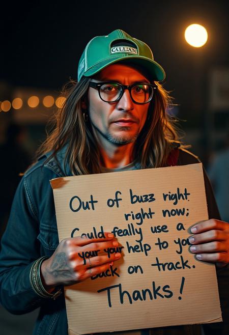 a vagabond, intoxicated, drunk. glasses john lennon style, long hairs, tattoo. green trucker cap. holding a cardboard with written "Out of buzz right now—could really use your help to get back on track. Thanks!" dark halley light only from the full moon in bk