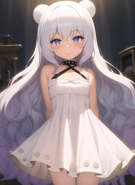 1girl,masterclass,best quality, ultra-detailed, illustration,indoors, smile,small breasts,cowboy shot, double bun, long hair, short dress,   sleeveless, sleeveless dress,   sundress,   white dress, white_flower, white_rose,  halter dress, black camisole,  black collar, spiked collar,  le_malin_(the_knight's_true_nature)_(azur_lane)  <lora:LeMalinV5:1>