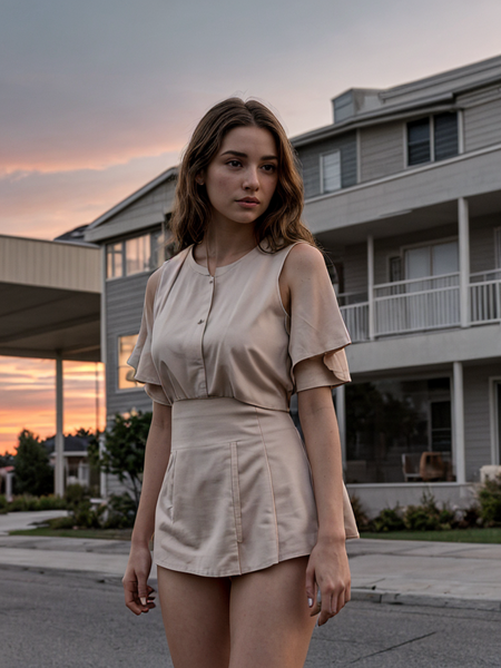 natural beauty, dressed,  photorealistic, sunset in boring suburbs
