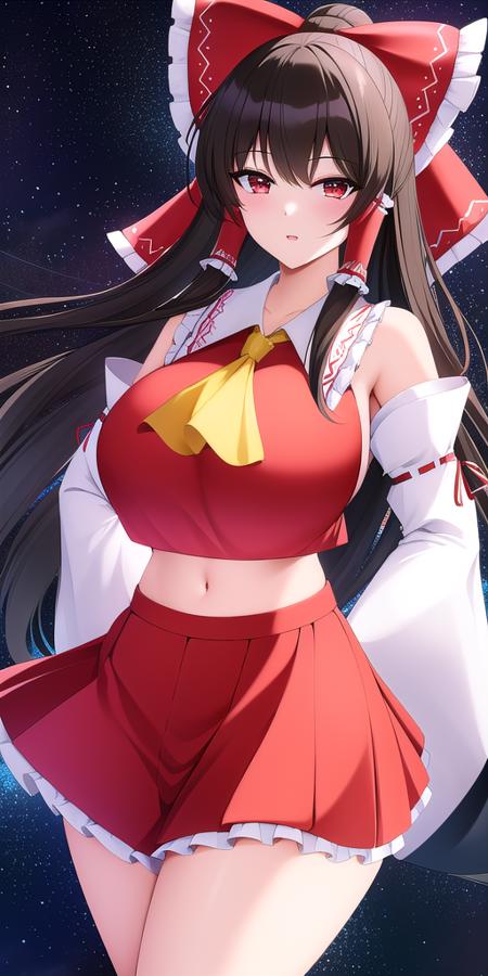 <lora:ReimuV2:0.7> hakureireimu, huge_breasts, standing, solo, nontraditional_miko_Yellow_ascot_Red_crop_top_Collared_shirt_Detached_sleeves_Ribbon_trim_Red_miniskirt_white_thighhighs, starry_sky,, masterpiece, best quality, detailed face, detailed eyes, highres,