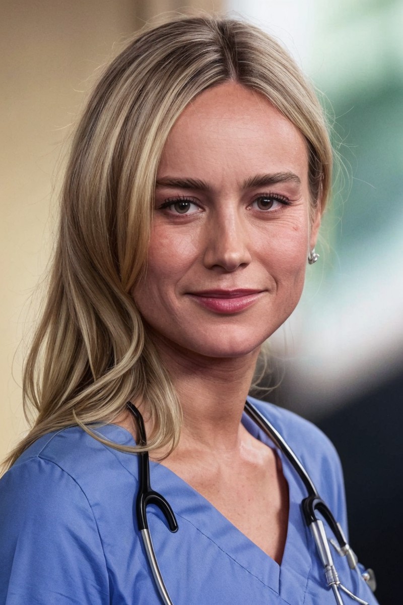 1girl, solo, portrait of a nurse wearing blue scrub, smile, at hospital, looking at viewer, (blurry background), soft ligh...