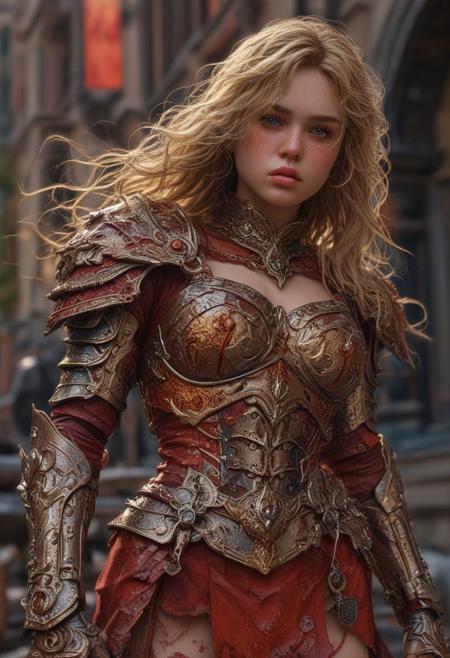High resolution ultra-realistic of Beautiful Warrior girl, Fantasy style, 8k, capturing the intensity of the moment, dramatic lighting, standing on a bloody and stormy battlefield in a fighting pose, fire, intricately designed shining iron armor, red mini skirt, perfect athletic figure, beautiful Kiernan Shipka as Warrior girl, fire, dirty face, ultra realistic, cinematic style, athletic figure, Firm sinewy female slim dirty body, dark fantasy, covered in dirty and blood, cinematic colors Lighting, extremely detailed, 8K, wavy blonde hair, realistic dirty bloody pale face, realistic expressive dark brown eyes, beautiful Warrior girl on in cool iron armor, hyper-detailed, hyper-realistic, bright colours, Attractive 21 old years girl, Attractive, beautiful firm Breasts, sharp focus, digital painting, Photograph Taken on Nikon D750, Alphonse Mucha, 8K, athletic figure, Hyperdetailed, hyperrealism, Attractive, Attractive bust girl, asymmetric balance