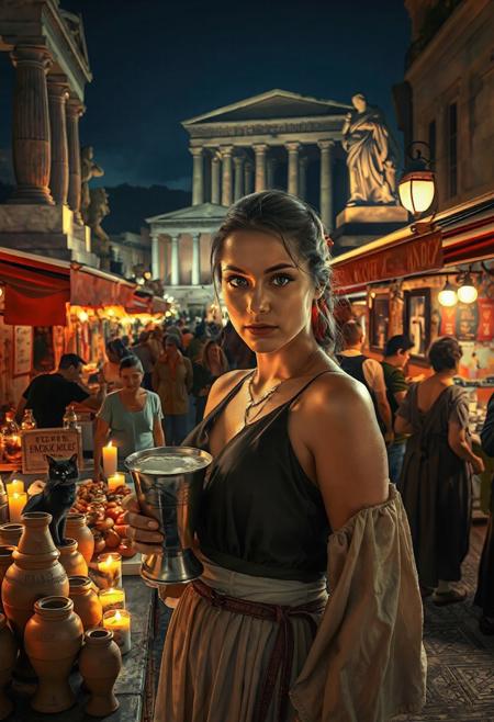 Setting is ancient Greek street market at night in Athens, ((all writing is in Greek )), ((all lighting is by candles, and flame torches,  the market is comprised of street vendors selling food, weapons, and clothing. People wearing Ancient Greek clothing are walking through the street market shopping and eating, A sleek black cat with red collar sits on a nearby wooden roof at a market kiosk. Behind the a kiosk counter are clay containers of Greek beer, (((a beautiful woman, 24 years old, is standing in the foreground facing the viewer with a metal goblet of beer in her hand. Her eyes are beautiful and focused on the viewer, she has an expression of interested curiosity))), the woman is dressed in Ancient Greek style clothing combining a sexy and classic Ancient Greek aesthetic. Enormous Ancient Greek statues and temples are visible in the background and around the scene and smaller statues and Ancient Greek architecture is prevalent in the market, The woman's hair is elegantly tied up with a ribbon. Artistic Ancient Greek aesthetic, dynamic perspective, (((overall architectural aesthetic is Ancient Greek ))).  Epic image that elicits a feeling of wonder and awe,